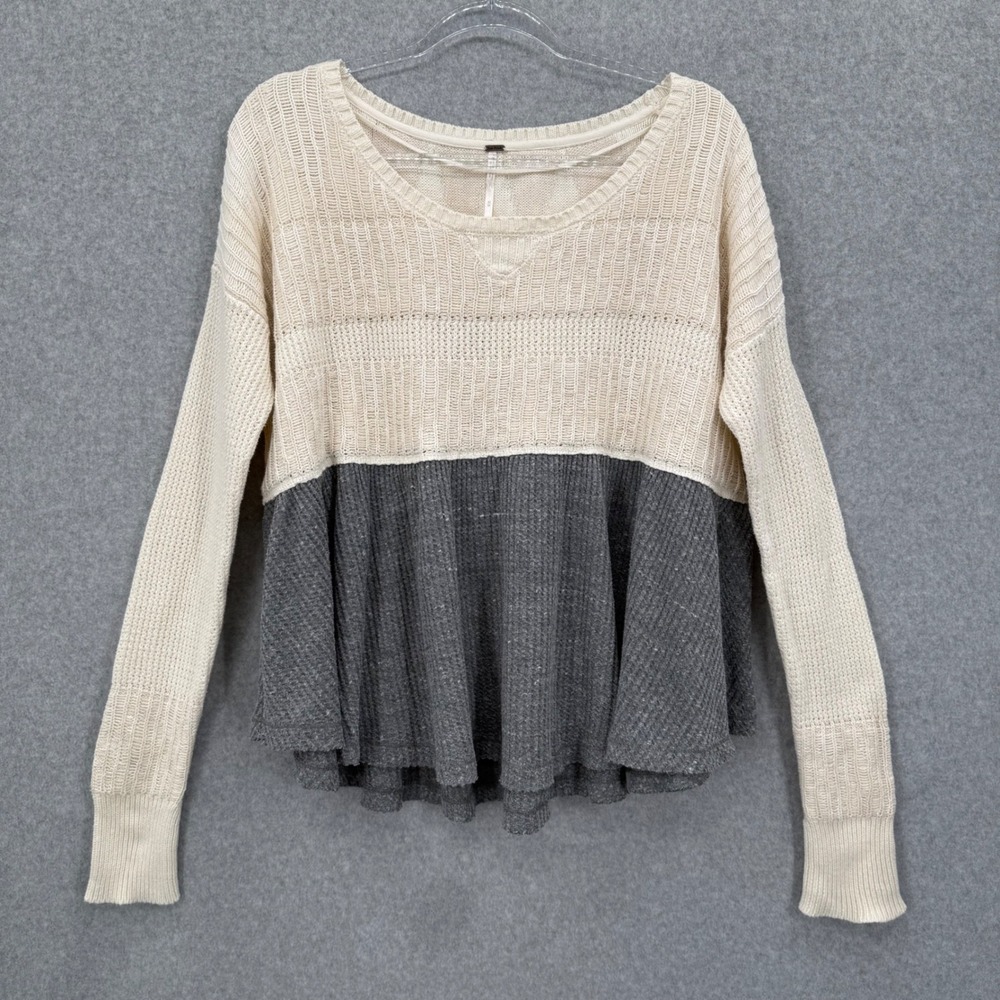 Free People Colorblock Thermal Sweater‎ Cream Grey Waffle Knit Peplum Top Medium